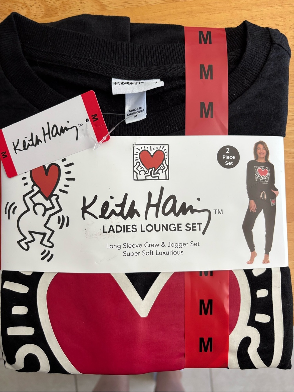 Keith Haring Ladies Black & Red Heart Lounge Set - Long Sleeve Crew & Joggers